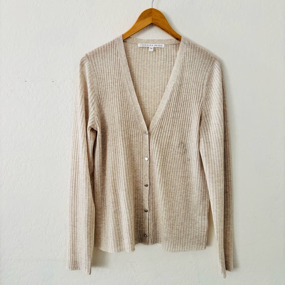 Veronica Beard Ribbed Knit Button-Front Cardigan – Neutral Beige |‎ Size L